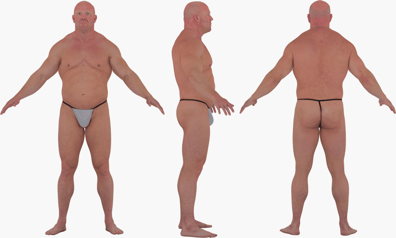 PBR texture map set for a large muscular male 3D body scan, including Albedo, Normals, Specular, Metalness, and Diffuse maps